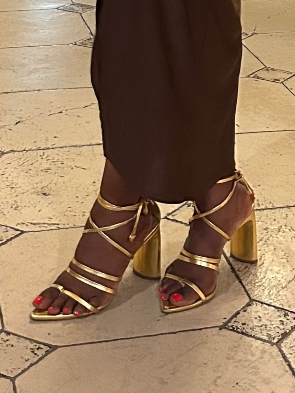 SCHUTZ Metallic Gold Strappy Block Heel Sandals